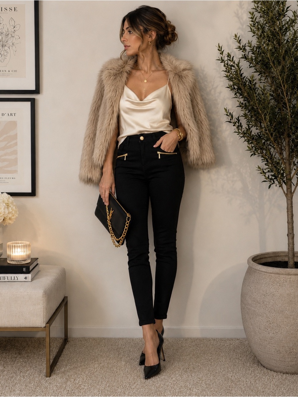 Michael Kors Black Gold Zip Skinny Jeans | Quiet Luxe Glam | Sleek Stretch Pants